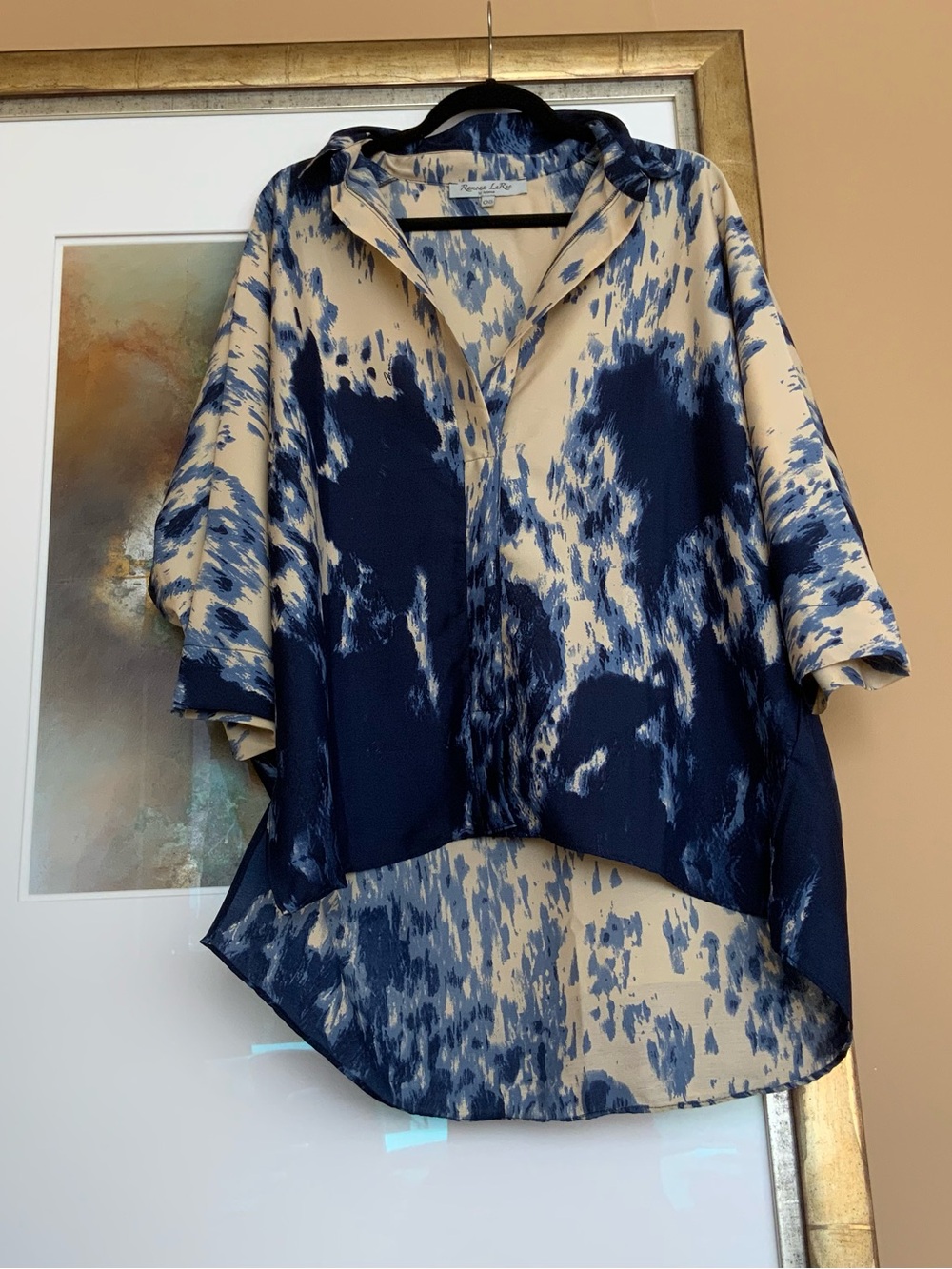 Ramona LaRue:  Navy and Cream Abstract Print Silk-Look Button Shirt